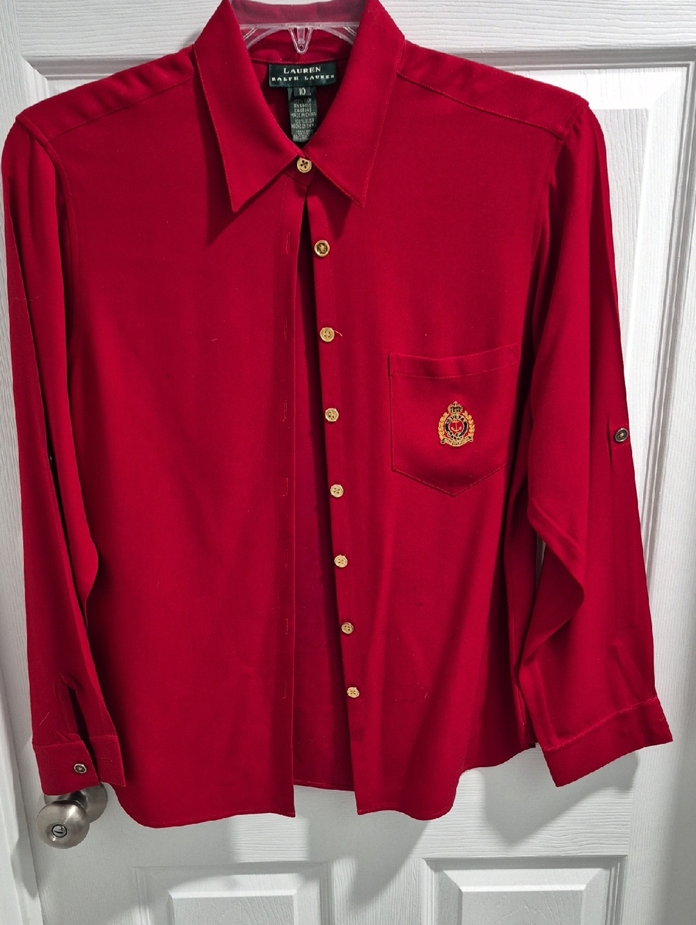 Lauren Ralph Lauren Bright Red Long-Sleeve Button-Down Shirt with Crest - Picture 1 of 5